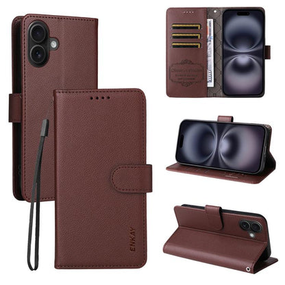 For iPhone 17 ENKAY RFID Blocking Wallet Kickstand Litchi Texture Leather Phone Case(Brown) - iPhone 17 Cases by ENKAY | Online Shopping UK | buy2fix