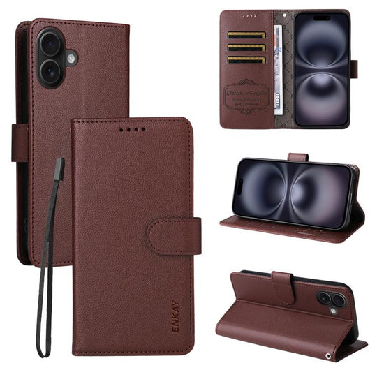 For iPhone 17 ENKAY RFID Blocking Wallet Kickstand Litchi Texture Leather Phone Case(Brown)