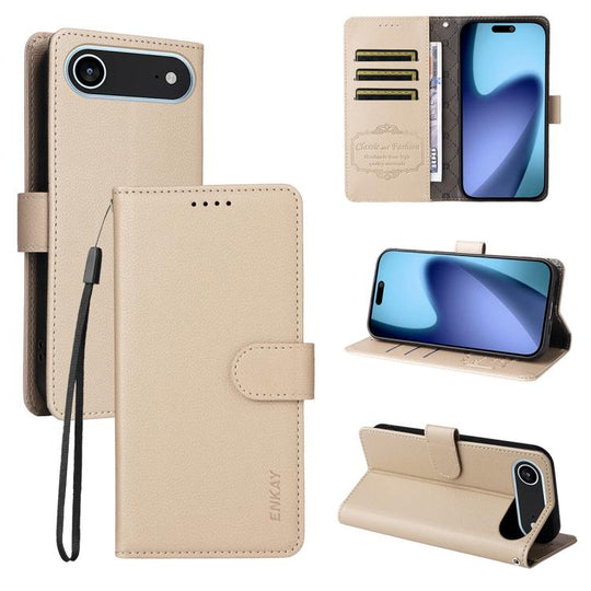 For iPhone Air ENKAY RFID Blocking Wallet Kickstand Litchi Texture Leather Phone Case(Beige)