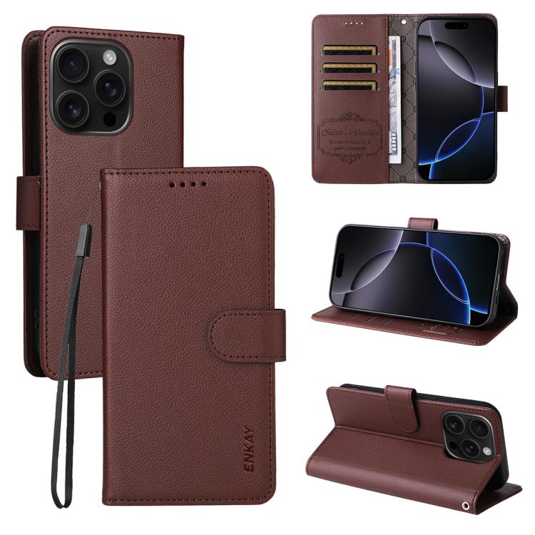 For iPhone 16 Pro Max ENKAY RFID Blocking Wallet Kickstand Litchi Texture Leather Phone Case(Brown) - iPhone 16 Pro Max Cases by ENKAY | Online Shopping UK | buy2fix