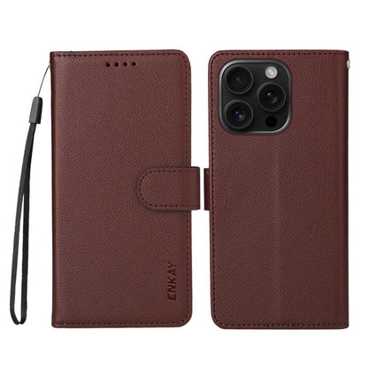 For iPhone 16 Pro Max ENKAY RFID Blocking Wallet Kickstand Litchi Texture Leather Phone Case(Brown) - iPhone 16 Pro Max Cases by ENKAY | Online Shopping UK | buy2fix