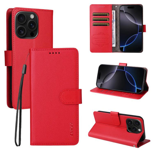 For iPhone 16 Pro ENKAY RFID Blocking Wallet Kickstand Litchi Texture Leather Phone Case(Red) - iPhone 16 Pro Cases by ENKAY | Online Shopping UK | buy2fix