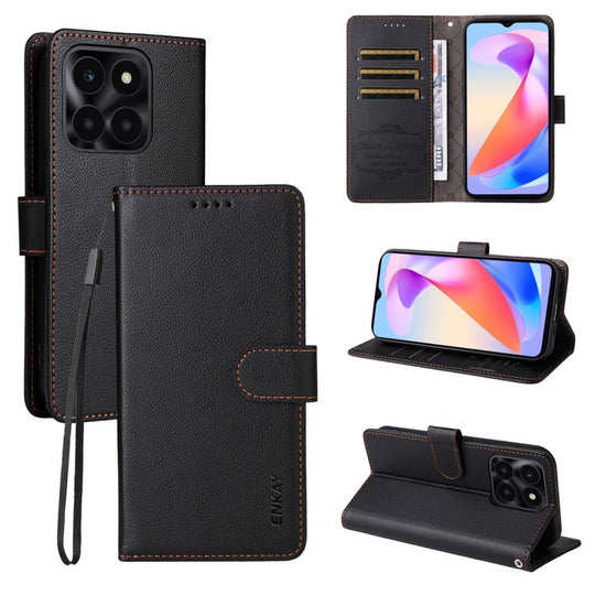 For Honor X6c 4G / X6b 4G ENKAY RFID Blocking Wallet Kickstand Litchi Texture Leather Phone Case(Black)