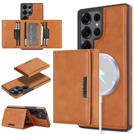 For Samsung Galaxy S24 Ultra 5G Kalebol Strong Magnetic MagSafe Tri-Fold Wallet Side Sticker Leather Phone Case(Brown)