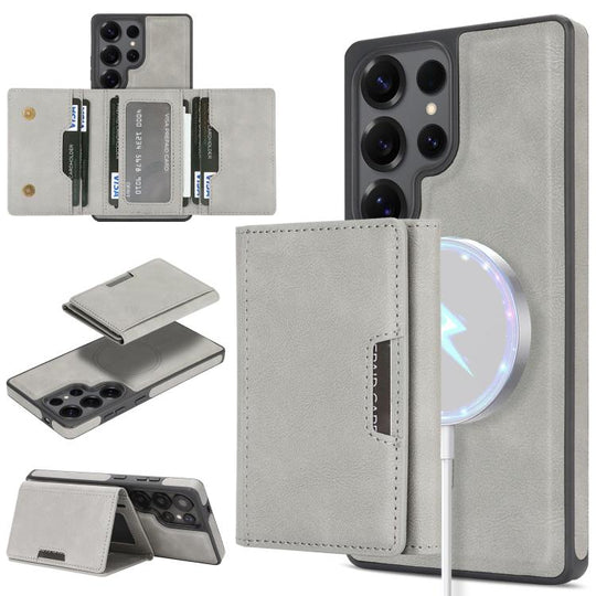 For Samsung Galaxy S24 Ultra 5G Kalebol Strong Magnetic MagSafe Tri-Fold Wallet Side Sticker Leather Phone Case(Gray)