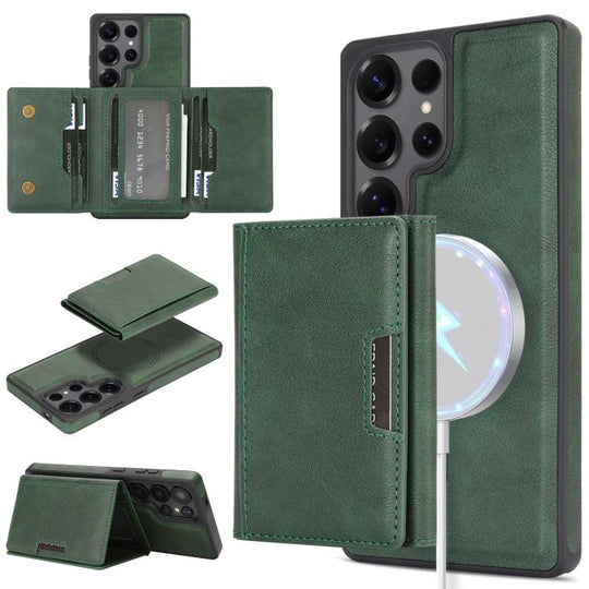 For Samsung Galaxy S24 Ultra 5G Kalebol Strong Magnetic MagSafe Tri-Fold Wallet Side Sticker Leather Phone Case(Green)