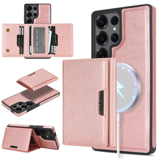 For Samsung Galaxy S24 Ultra 5G Kalebol Strong Magnetic MagSafe Tri-Fold Wallet Side Sticker Leather Phone Case(Pink Gold)