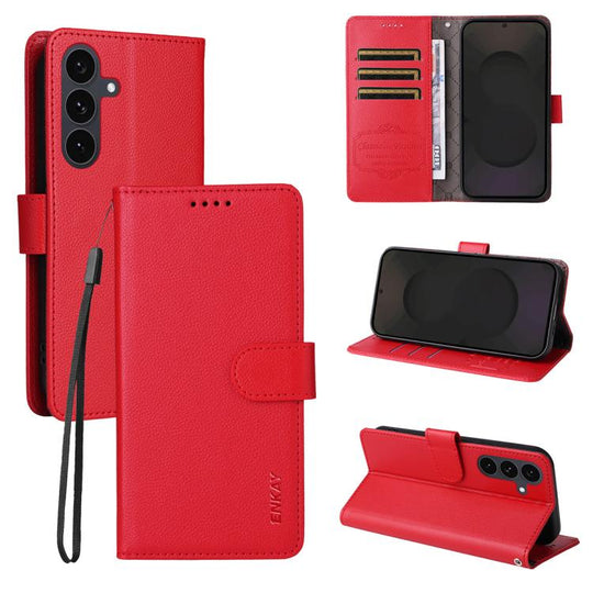For Samsung Galaxy S25 FE 5G ENKAY RFID Blocking Wallet Kickstand Litchi Texture Leather Phone Case(Red)