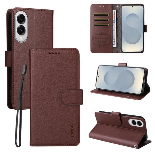 For Samsung Galaxy S25 Edge 5G ENKAY RFID Blocking Wallet Kickstand Litchi Texture Leather Phone Case(Brown)