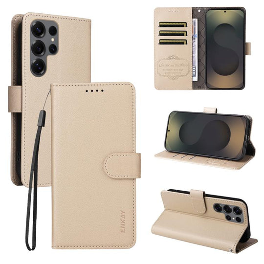For Samsung Galaxy S25 Ultra 5G ENKAY RFID Blocking Wallet Kickstand Litchi Texture Leather Phone Case(Beige)