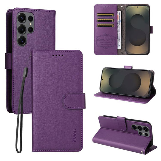 For Samsung Galaxy S25 Ultra 5G ENKAY RFID Blocking Wallet Kickstand Litchi Texture Leather Phone Case(Purple)
