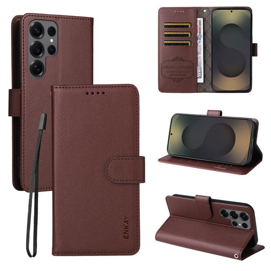For Samsung Galaxy S25 Ultra 5G ENKAY RFID Blocking Wallet Kickstand Litchi Texture Leather Phone Case(Brown)