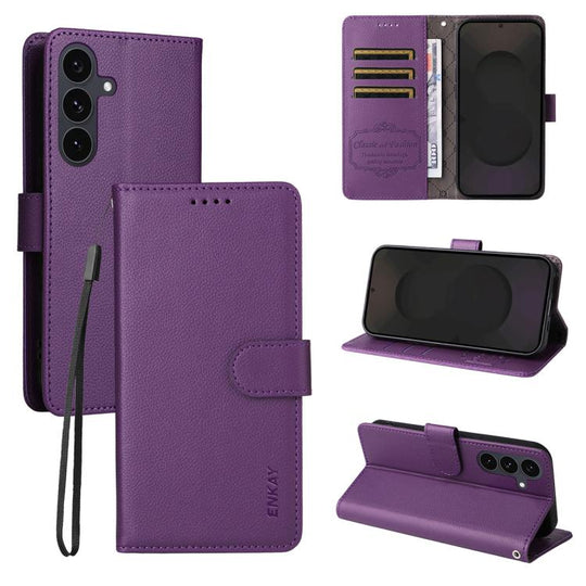For Samsung Galaxy S25 / S24 5G ENKAY RFID Blocking Wallet Kickstand Litchi Texture Leather Phone Case(Purple)