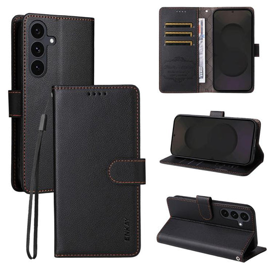 For Samsung Galaxy S25+ / S24+ 5G ENKAY RFID Blocking Wallet Kickstand Litchi Texture Leather Phone Case(Black)