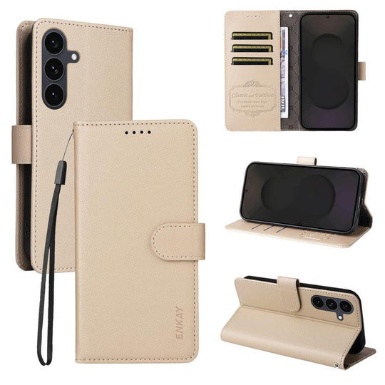 For Samsung Galaxy S25+ / S24+ 5G ENKAY RFID Blocking Wallet Kickstand Litchi Texture Leather Phone Case(Beige)