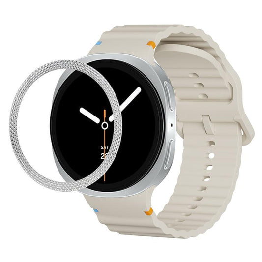 For Samsung Galaxy Watch8 40mm Rhombic Texture Bezel and Wavy Grain Stitched Color Buckle Silicone Watch Band(Beige Silver) - Watch Bands by buy2fix | Online Shopping UK | buy2fix