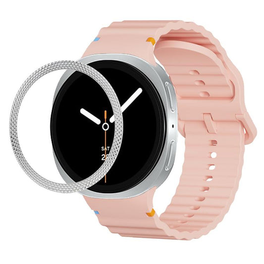 For Samsung Galaxy Watch8 40mm Rhombic Texture Bezel and Wavy Grain Stitched Color Buckle Silicone Watch Band(Pink Silver) - Watch Bands by buy2fix | Online Shopping UK | buy2fix