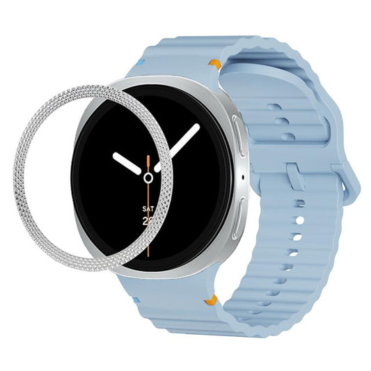 For Samsung Galaxy Watch8 40mm Rhombic Texture Bezel and Wavy Grain Stitched Color Buckle Silicone Watch Band(Light Blue Silver) - Watch Bands by buy2fix | Online Shopping UK | buy2fix