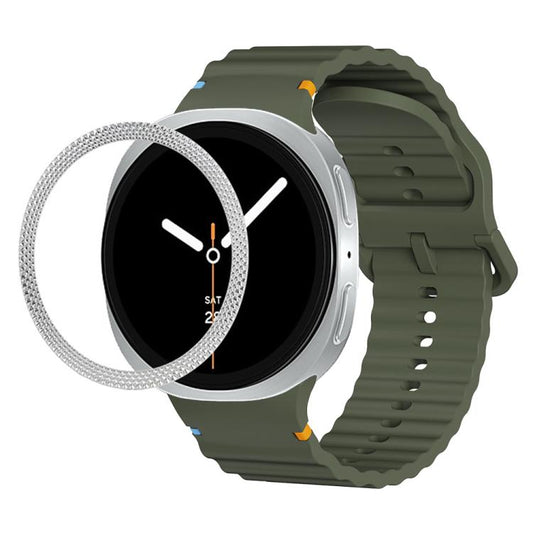 For Samsung Galaxy Watch8 40mm Rhombic Texture Bezel and Wavy Grain Stitched Color Buckle Silicone Watch Band(Army Green Silver) - Watch Bands by buy2fix | Online Shopping UK | buy2fix