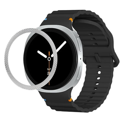 For Samsung Galaxy Watch8 40mm Rhombic Texture Bezel and Wavy Grain Stitched Color Buckle Silicone Watch Band(Black Silver) - Watch Bands by buy2fix | Online Shopping UK | buy2fix