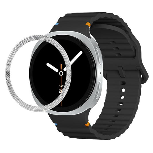 For Samsung Galaxy Watch8 40mm Rhombic Texture Bezel and Wavy Grain Stitched Color Buckle Silicone Watch Band(Black Silver) - Watch Bands by buy2fix | Online Shopping UK | buy2fix