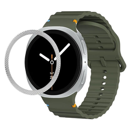 For Samsung Galaxy Watch8 44mm Rhombic Texture Bezel and Wavy Grain Stitched Color Buckle Silicone Watch Band(Army Green Silver) - Watch Bands by buy2fix | Online Shopping UK | buy2fix