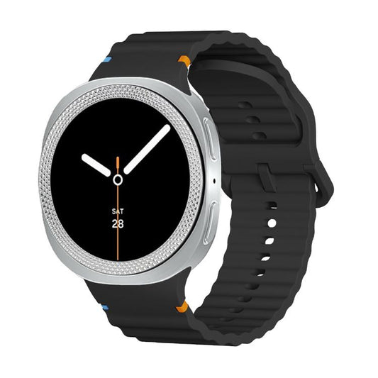 For Samsung Galaxy Watch8 44mm Rhombic Texture Bezel and Wavy Grain Stitched Color Buckle Silicone Watch Band(Black Silver) - Watch Bands by buy2fix | Online Shopping UK | buy2fix