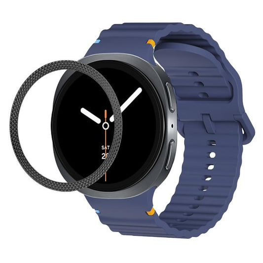 For Samsung Galaxy Watch8 44mm Rhombic Texture Bezel and Wavy Grain Stitched Color Buckle Silicone Watch Band(Midnight Blue Black) - Watch Bands by buy2fix | Online Shopping UK | buy2fix