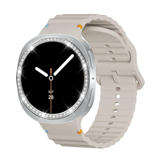 For Samsung Galaxy Watch8 44mm Diamond Bezel and Wavy Grain Stitched Color Buckle Silicone Watch Band(Starlight Silver) - Watch Bands by buy2fix | Online Shopping UK | buy2fix