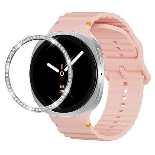 For Samsung Galaxy Watch8 44mm Diamond Bezel and Wavy Grain Stitched Color Buckle Silicone Watch Band(Pink Silver) - Watch Bands by buy2fix | Online Shopping UK | buy2fix