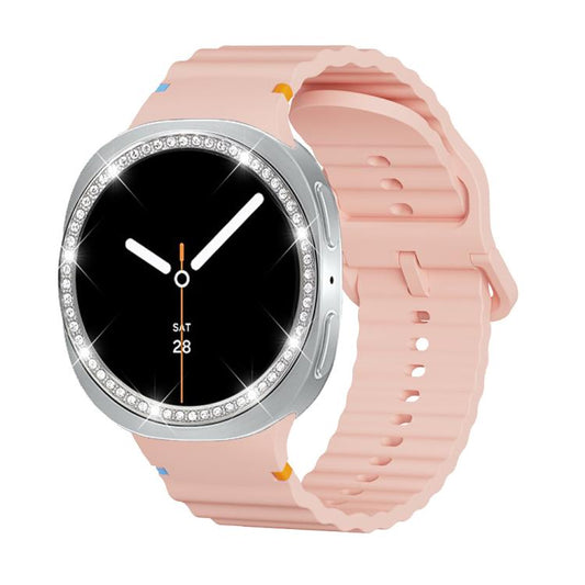 For Samsung Galaxy Watch8 44mm Diamond Bezel and Wavy Grain Stitched Color Buckle Silicone Watch Band(Pink Silver) - Watch Bands by buy2fix | Online Shopping UK | buy2fix