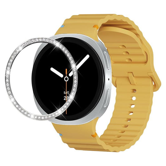 For Samsung Galaxy Watch8 44mm Diamond Bezel and Wavy Grain Stitched Color Buckle Silicone Watch Band(Yellow Silver) - Watch Bands by buy2fix | Online Shopping UK | buy2fix
