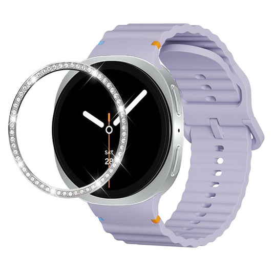 For Samsung Galaxy Watch8 44mm Diamond Bezel and Wavy Grain Stitched Color Buckle Silicone Watch Band(Purple Silver) - Watch Bands by buy2fix | Online Shopping UK | buy2fix