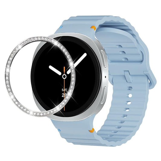 For Samsung Galaxy Watch8 44mm Diamond Bezel and Wavy Grain Stitched Color Buckle Silicone Watch Band(Light Blue Silver) - Watch Bands by buy2fix | Online Shopping UK | buy2fix