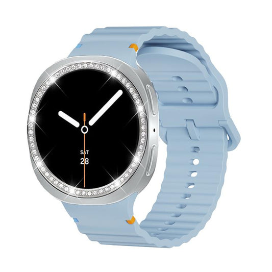 For Samsung Galaxy Watch8 44mm Diamond Bezel and Wavy Grain Stitched Color Buckle Silicone Watch Band(Light Blue Silver) - Watch Bands by buy2fix | Online Shopping UK | buy2fix