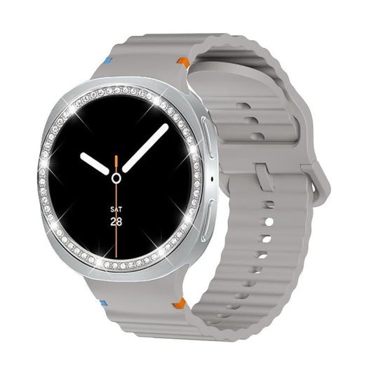 For Samsung Galaxy Watch8 44mm Diamond Bezel and Wavy Grain Stitched Color Buckle Silicone Watch Band(Gray Silver) - Watch Bands by buy2fix | Online Shopping UK | buy2fix
