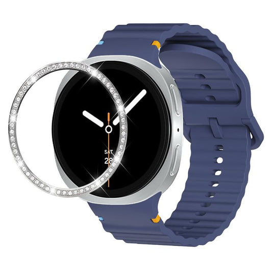 For Samsung Galaxy Watch8 44mm Diamond Bezel and Wavy Grain Stitched Color Buckle Silicone Watch Band(Midnight Blue Silver) - Watch Bands by buy2fix | Online Shopping UK | buy2fix