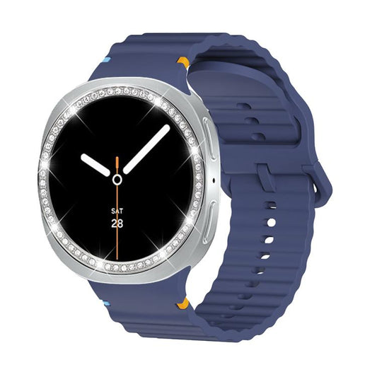 For Samsung Galaxy Watch8 44mm Diamond Bezel and Wavy Grain Stitched Color Buckle Silicone Watch Band(Midnight Blue Silver) - Watch Bands by buy2fix | Online Shopping UK | buy2fix