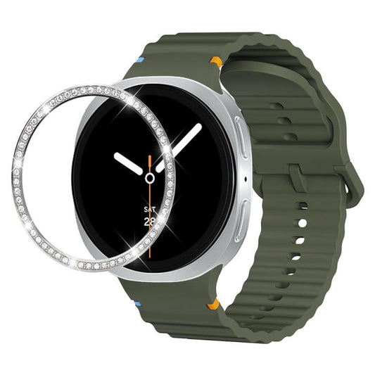 For Samsung Galaxy Watch8 44mm Diamond Bezel and Wavy Grain Stitched Color Buckle Silicone Watch Band(Army Green Silver) - Watch Bands by buy2fix | Online Shopping UK | buy2fix