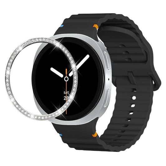 For Samsung Galaxy Watch8 44mm Diamond Bezel and Wavy Grain Stitched Color Buckle Silicone Watch Band(Black Silver) - Watch Bands by buy2fix | Online Shopping UK | buy2fix