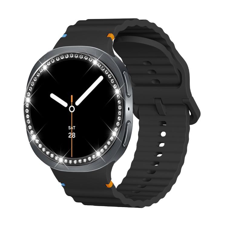 For Samsung Galaxy Watch8 44mm Diamond Bezel and Wavy Grain Stitched Color Buckle Silicone Watch Band(Black Black) - Watch Bands by buy2fix | Online Shopping UK | buy2fix