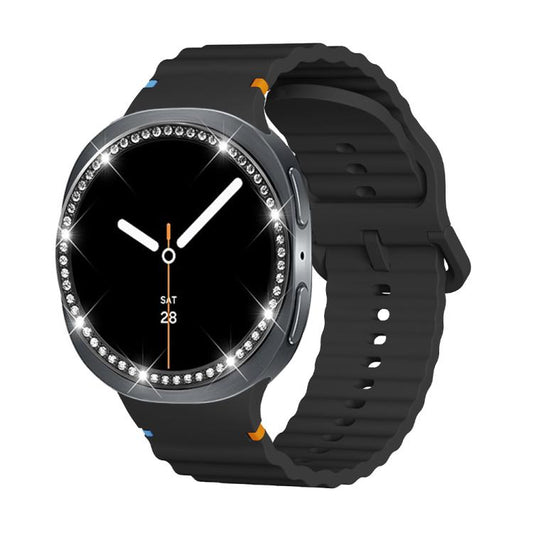 For Samsung Galaxy Watch8 44mm Diamond Bezel and Wavy Grain Stitched Color Buckle Silicone Watch Band(Black Black) - Watch Bands by buy2fix | Online Shopping UK | buy2fix