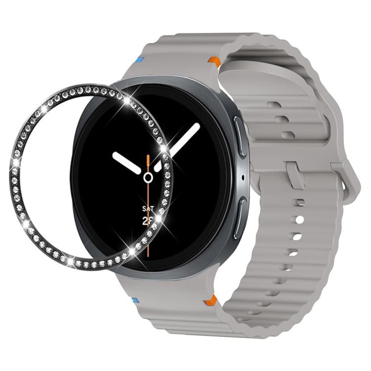 For Samsung Galaxy Watch8 44mm Diamond Bezel and Wavy Grain Stitched Color Buckle Silicone Watch Band(Gray Black) - Watch Bands by buy2fix | Online Shopping UK | buy2fix