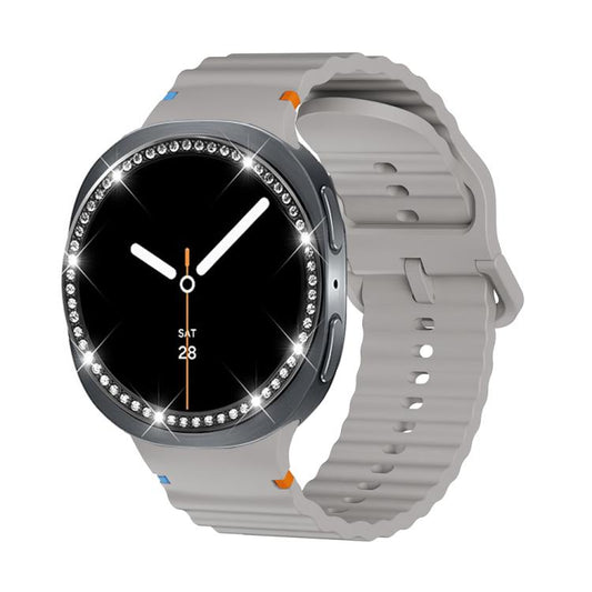For Samsung Galaxy Watch8 44mm Diamond Bezel and Wavy Grain Stitched Color Buckle Silicone Watch Band(Gray Black) - Watch Bands by buy2fix | Online Shopping UK | buy2fix
