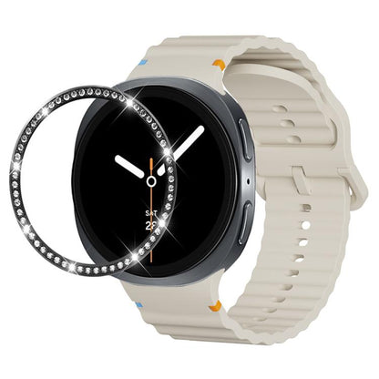 For Samsung Galaxy Watch8 44mm Diamond Bezel and Wavy Grain Stitched Color Buckle Silicone Watch Band(Beige Black) - Watch Bands by buy2fix | Online Shopping UK | buy2fix