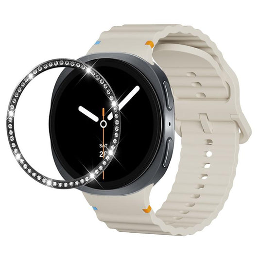 For Samsung Galaxy Watch8 44mm Diamond Bezel and Wavy Grain Stitched Color Buckle Silicone Watch Band(Beige Black) - Watch Bands by buy2fix | Online Shopping UK | buy2fix