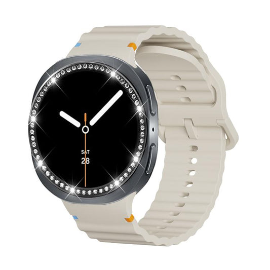 For Samsung Galaxy Watch8 44mm Diamond Bezel and Wavy Grain Stitched Color Buckle Silicone Watch Band(Beige Black) - Watch Bands by buy2fix | Online Shopping UK | buy2fix