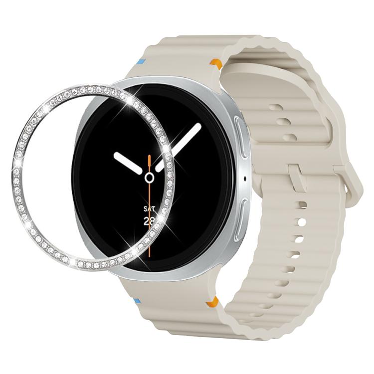 For Samsung Galaxy Watch8 40mm Diamond Bezel and Wavy Grain Stitched Color Buckle Silicone Watch Band(Beige Silver) - Watch Bands by buy2fix | Online Shopping UK | buy2fix