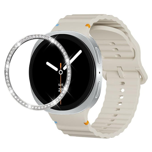For Samsung Galaxy Watch8 40mm Diamond Bezel and Wavy Grain Stitched Color Buckle Silicone Watch Band(Beige Silver) - Watch Bands by buy2fix | Online Shopping UK | buy2fix