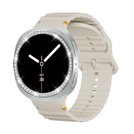 For Samsung Galaxy Watch8 40mm Diamond Bezel and Wavy Grain Stitched Color Buckle Silicone Watch Band(Beige Silver) - Watch Bands by buy2fix | Online Shopping UK | buy2fix